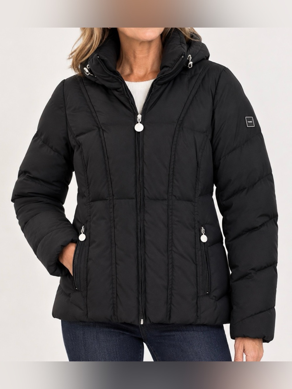 Calvin Klein down women's jacket hood black retail $265! Leopard lining New